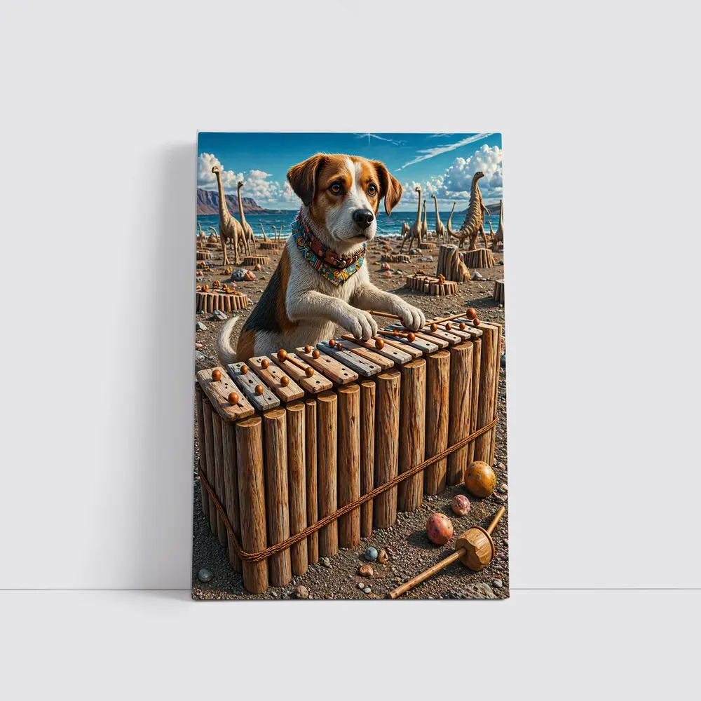 Beagle Dog Playing Xylophone Dinosaur Beach – Wall Art