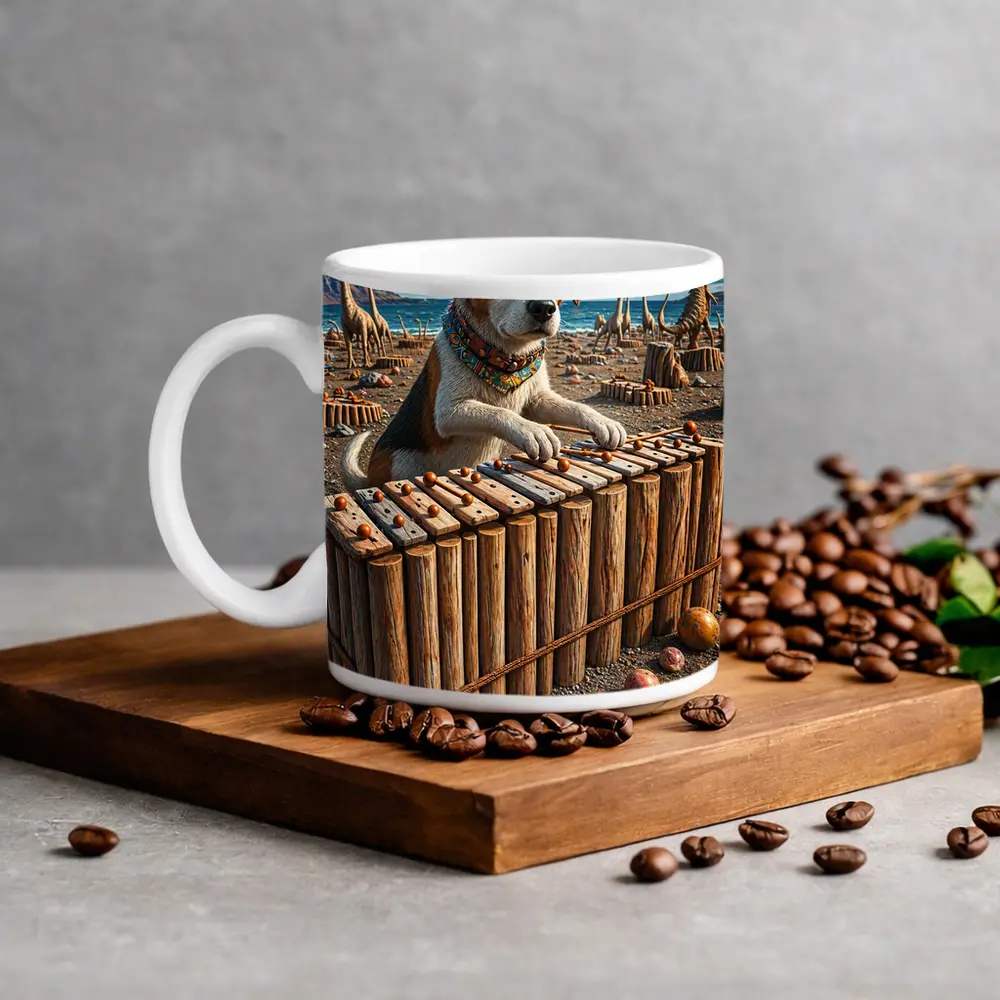 Beagle Dog Playing Xylophone Dinosaur Beach – Mugs