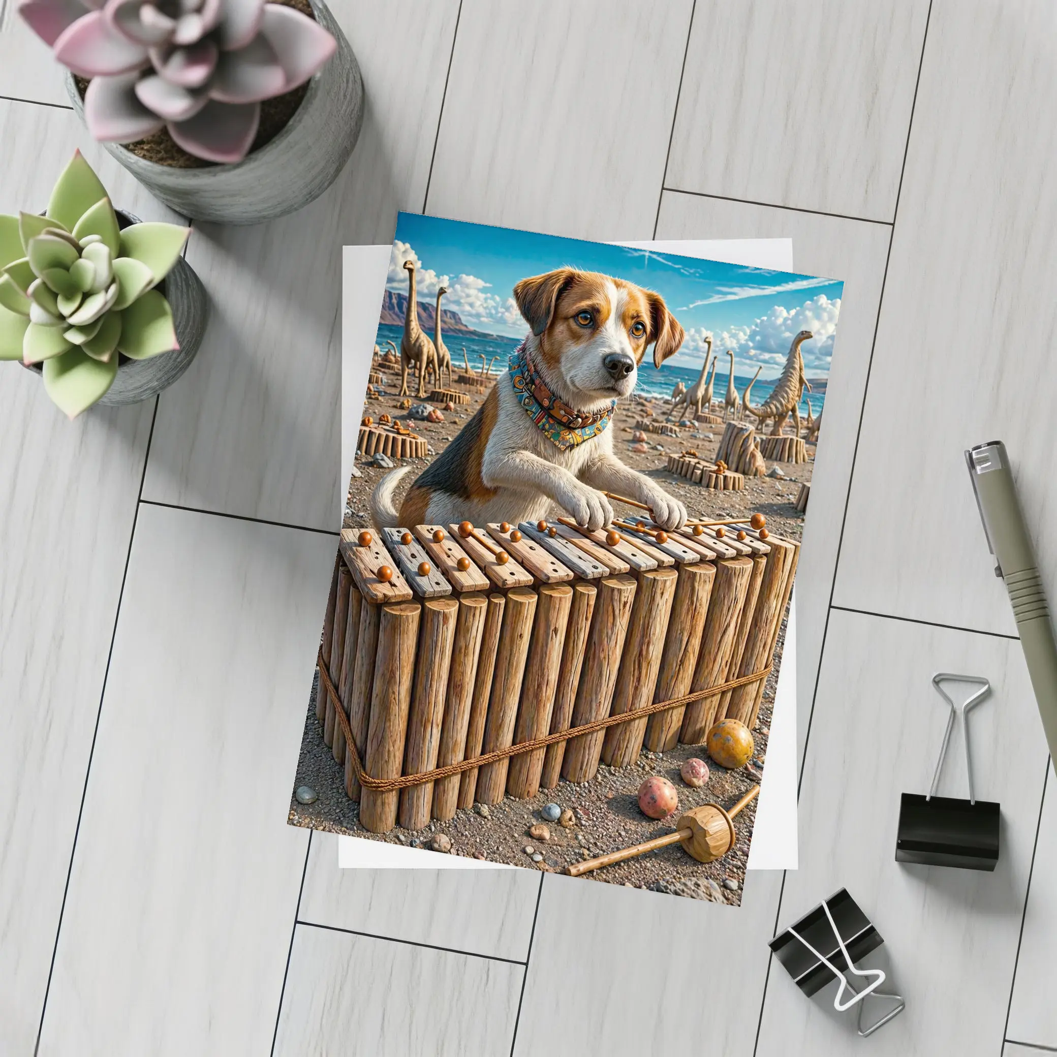 Beagle Dog Playing Xylophone Dinosaur Beach – Postcards