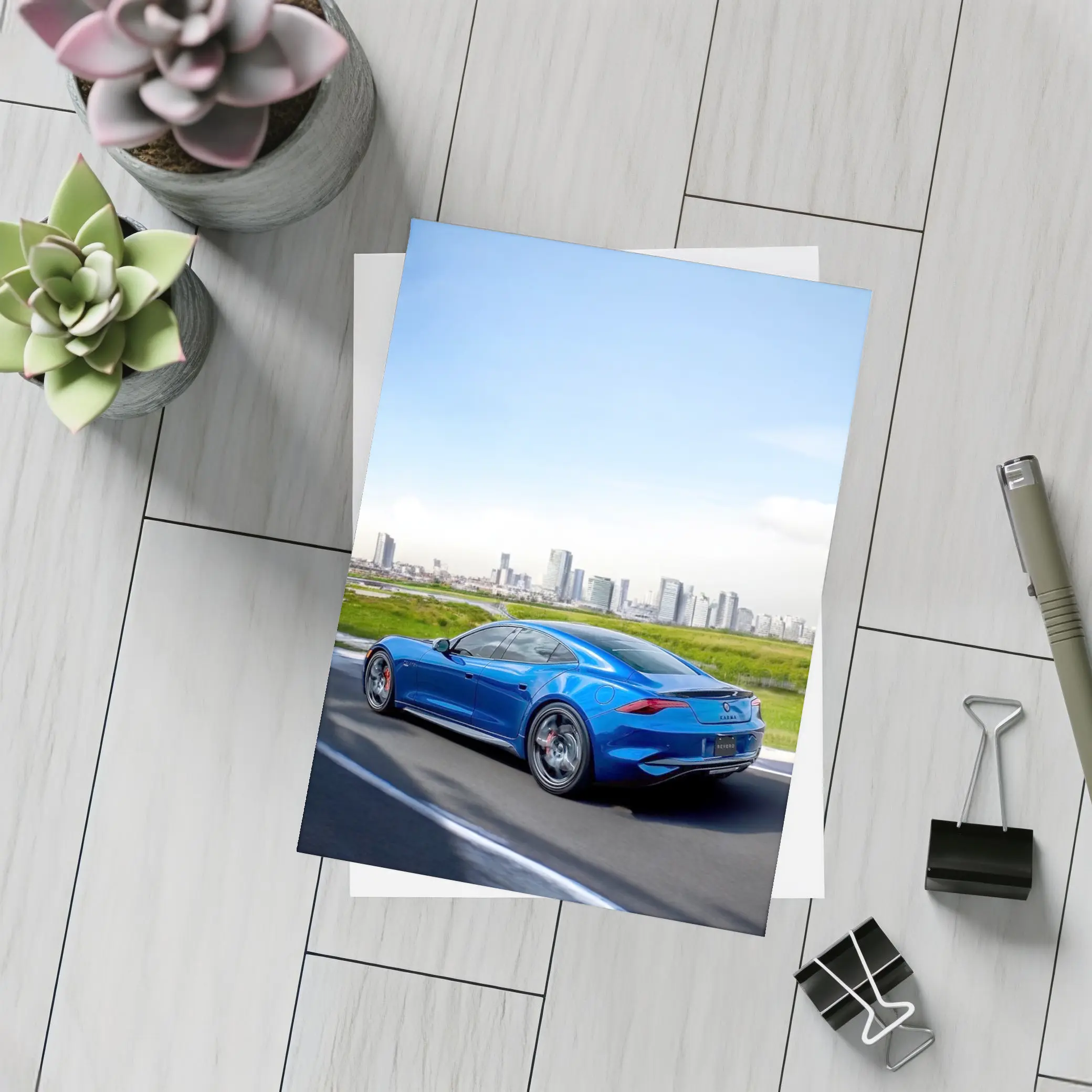 Karma GS-6 Blue Sports Car City Skyline – Postcards