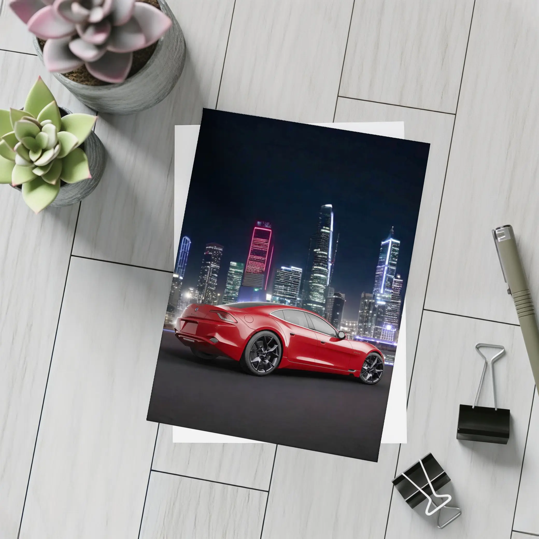 Karma Revero Red Sports Car City Night – Postcards