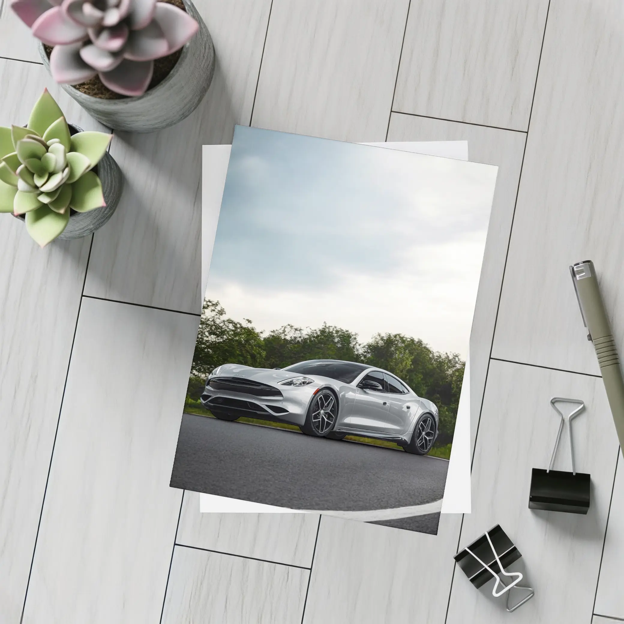 Karma Revero Silver Sports Car Road – Postcards