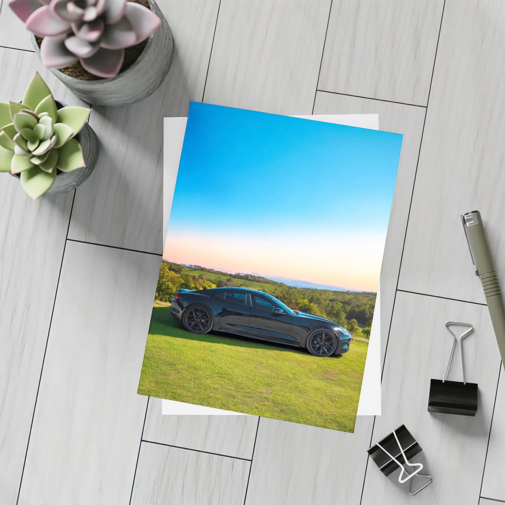 Karma Revero Black Car Sunset Landscape – Postcards