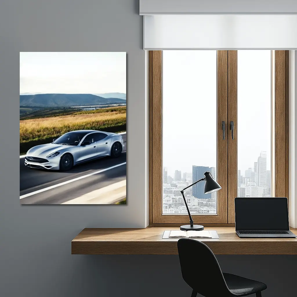 Karma Revero Silver Sedan Open Road Drive – Wall Art