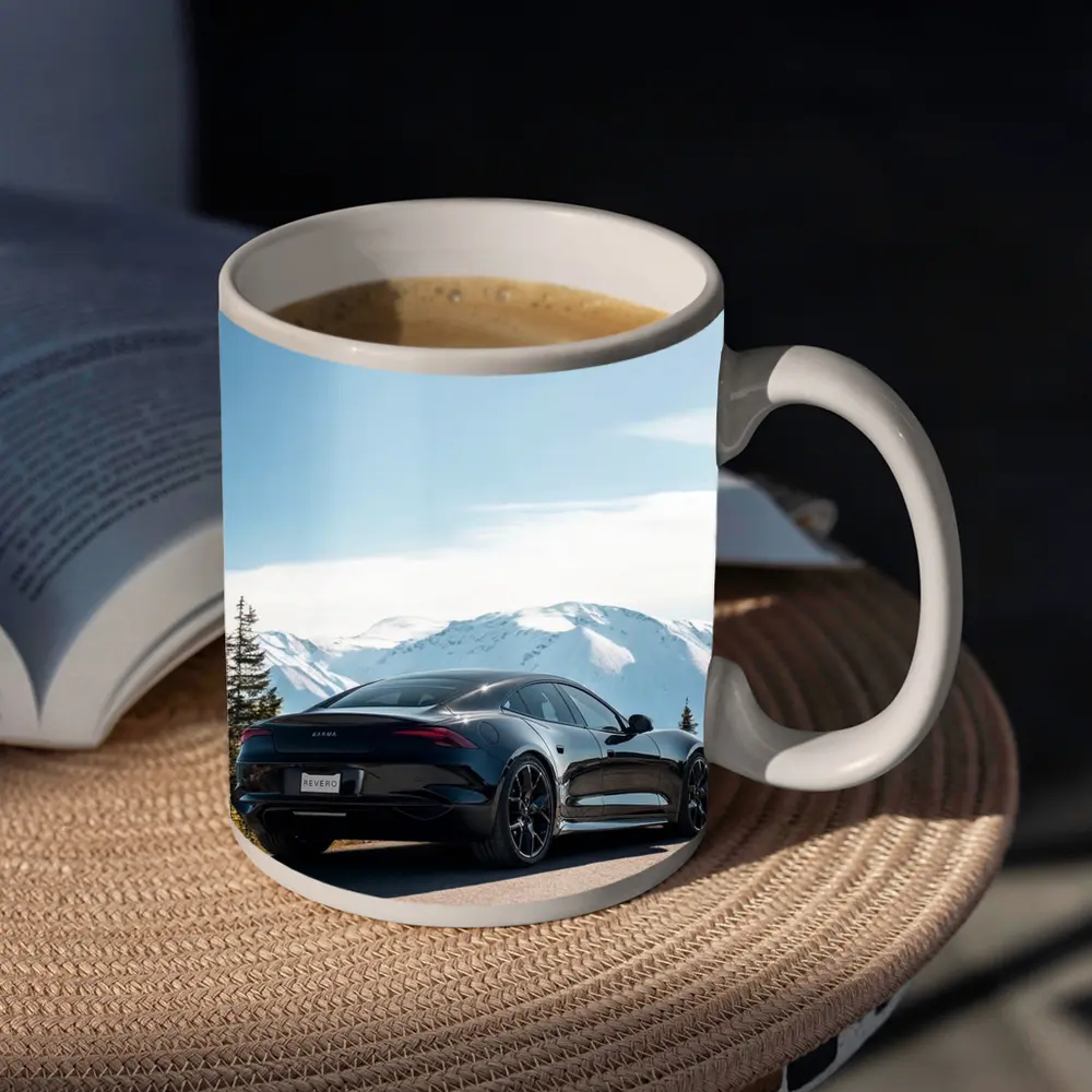 Karma Revero Black Car Snowy Mountain Road – Mugs