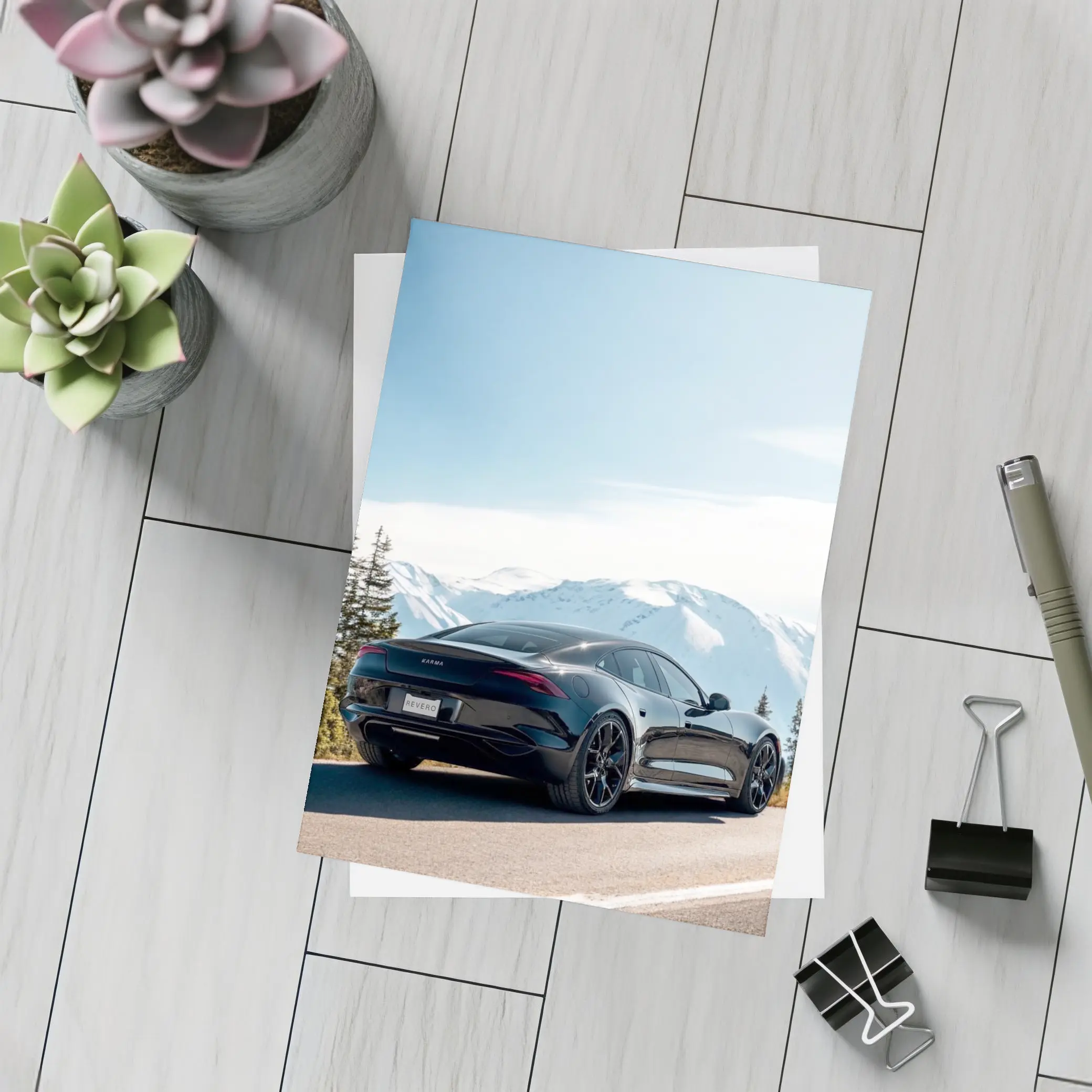 Karma Revero Black Car Snowy Mountain Road – Postcards