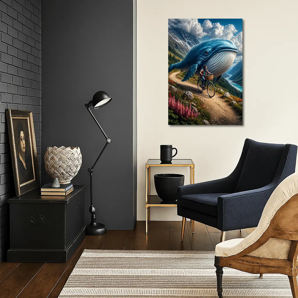 Giant Blue Whale Cyclist Mountain Valley Fantasy – Wall Art
