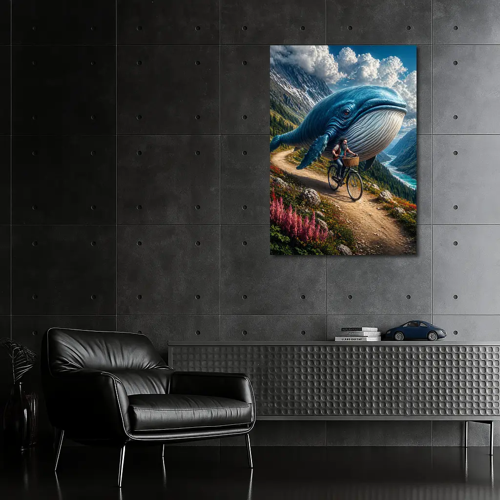 Giant Blue Whale Cyclist Mountain Valley Fantasy – Wall Art