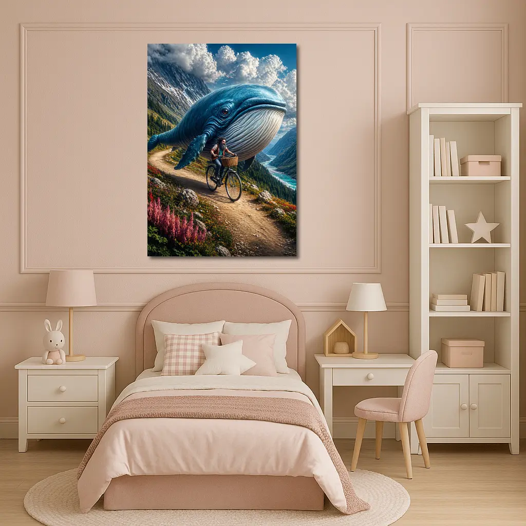 Giant Blue Whale Cyclist Mountain Valley Fantasy – Wall Art