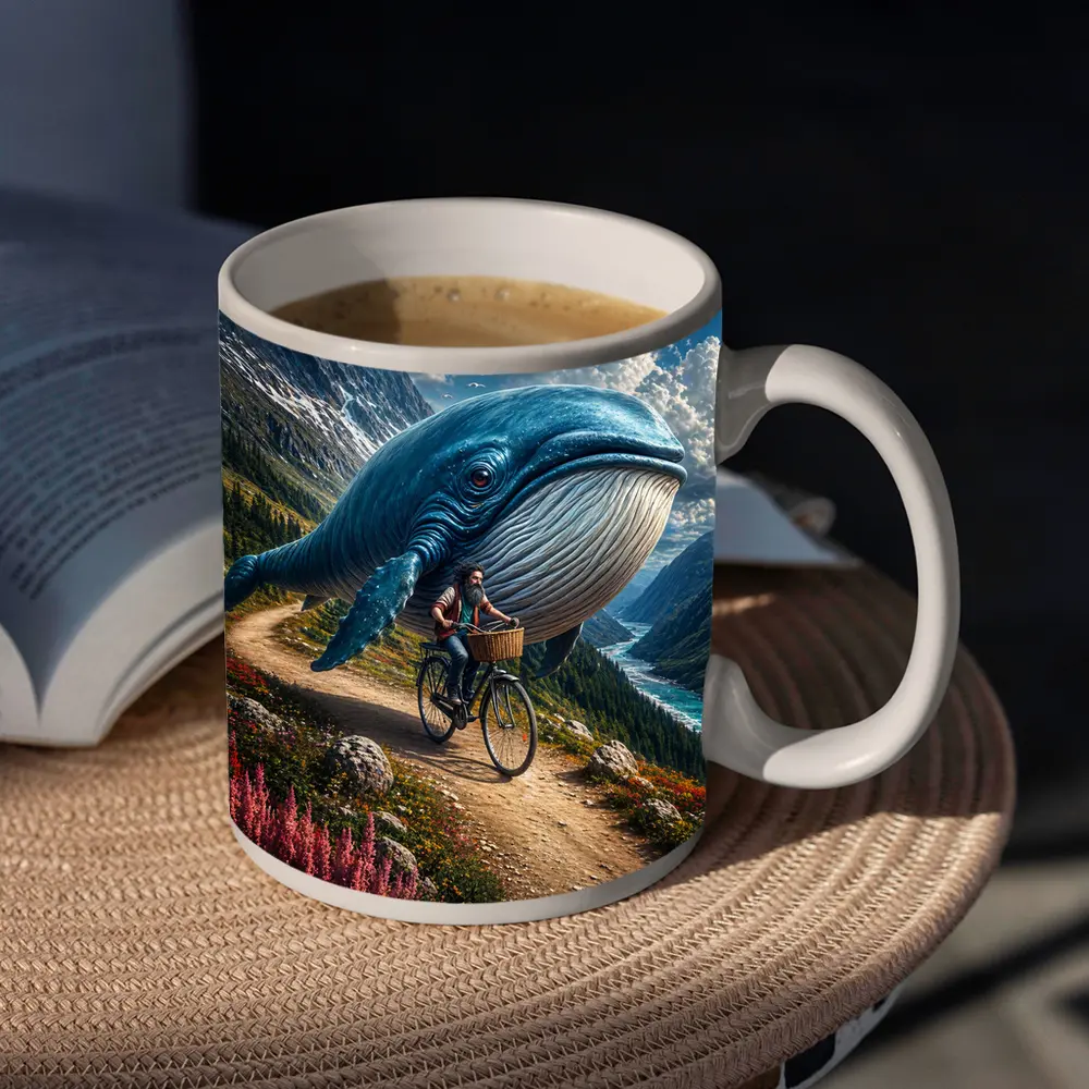 Giant Blue Whale Cyclist Mountain Valley Fantasy – Mugs