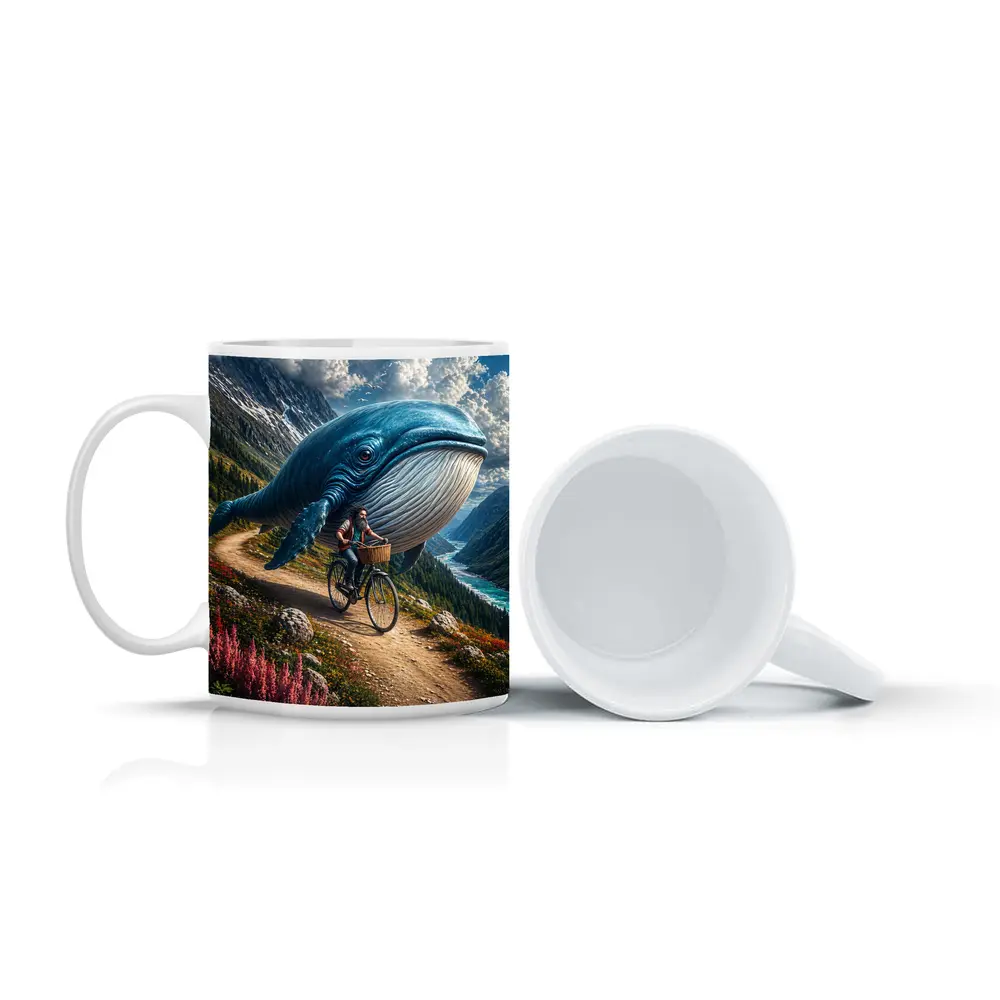 Giant Blue Whale Cyclist Mountain Valley Fantasy – Mugs