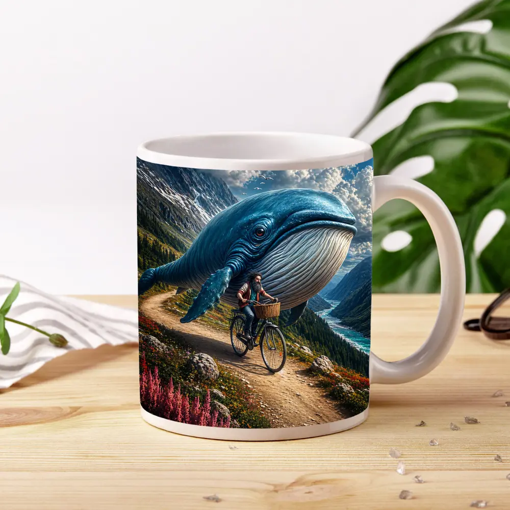 Giant Blue Whale Cyclist Mountain Valley Fantasy – Mugs