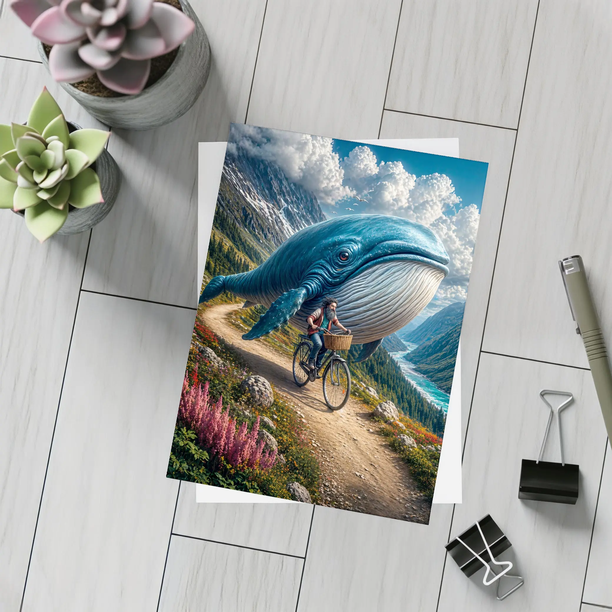 Giant Blue Whale Cyclist Mountain Valley Fantasy – Postcards