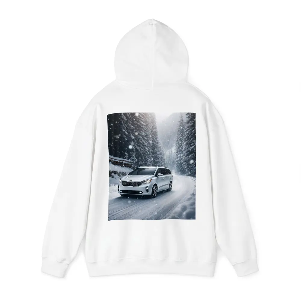 Kia Carnival Driving Snowy Forest Road – Hoodies