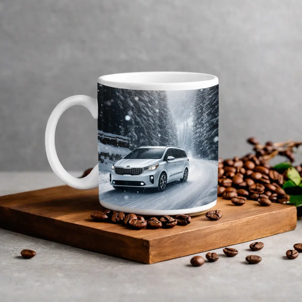 Kia Carnival Driving Snowy Forest Road – Mugs