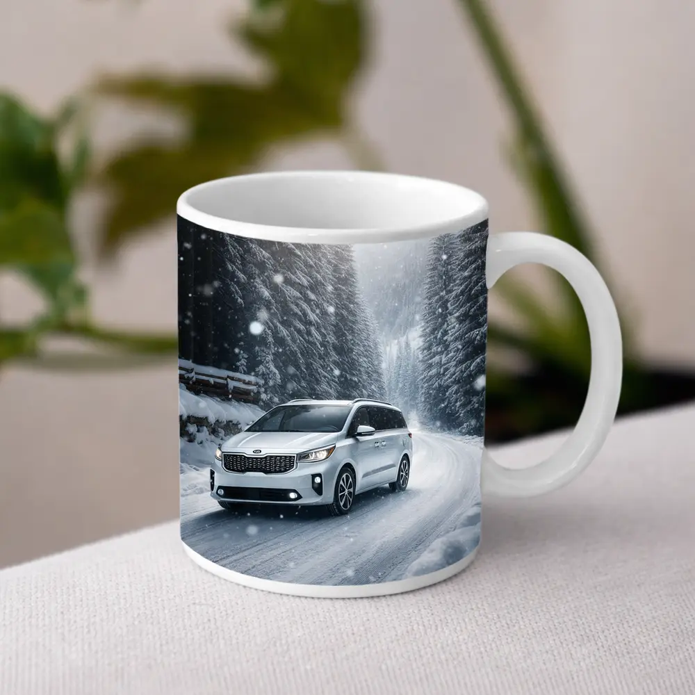 Kia Carnival Driving Snowy Forest Road – Mugs