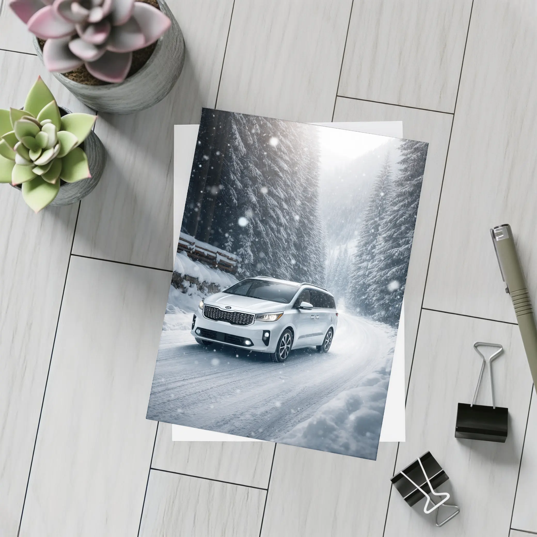 Kia Carnival Driving Snowy Forest Road – Postcards