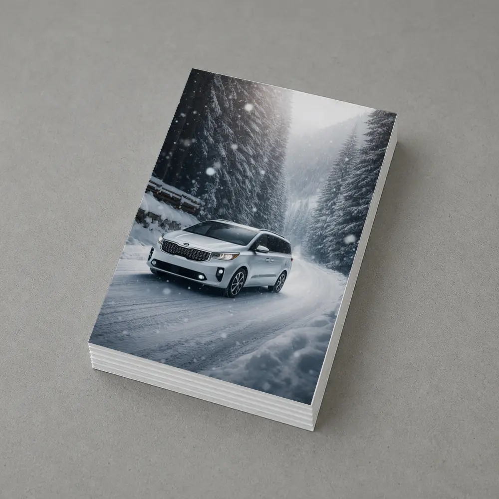 Kia Carnival Driving Snowy Forest Road – Postcards