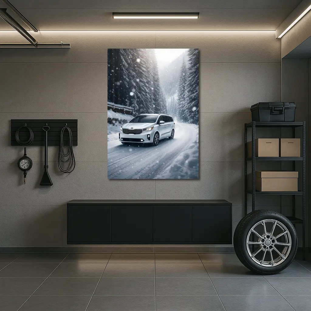 Kia Carnival Driving Snowy Forest Road – Wall Art