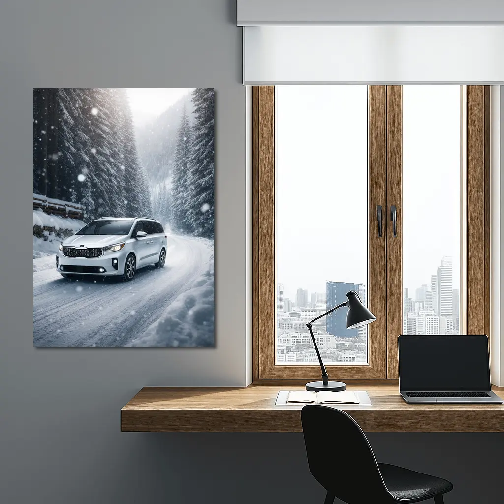Kia Carnival Driving Snowy Forest Road – Wall Art
