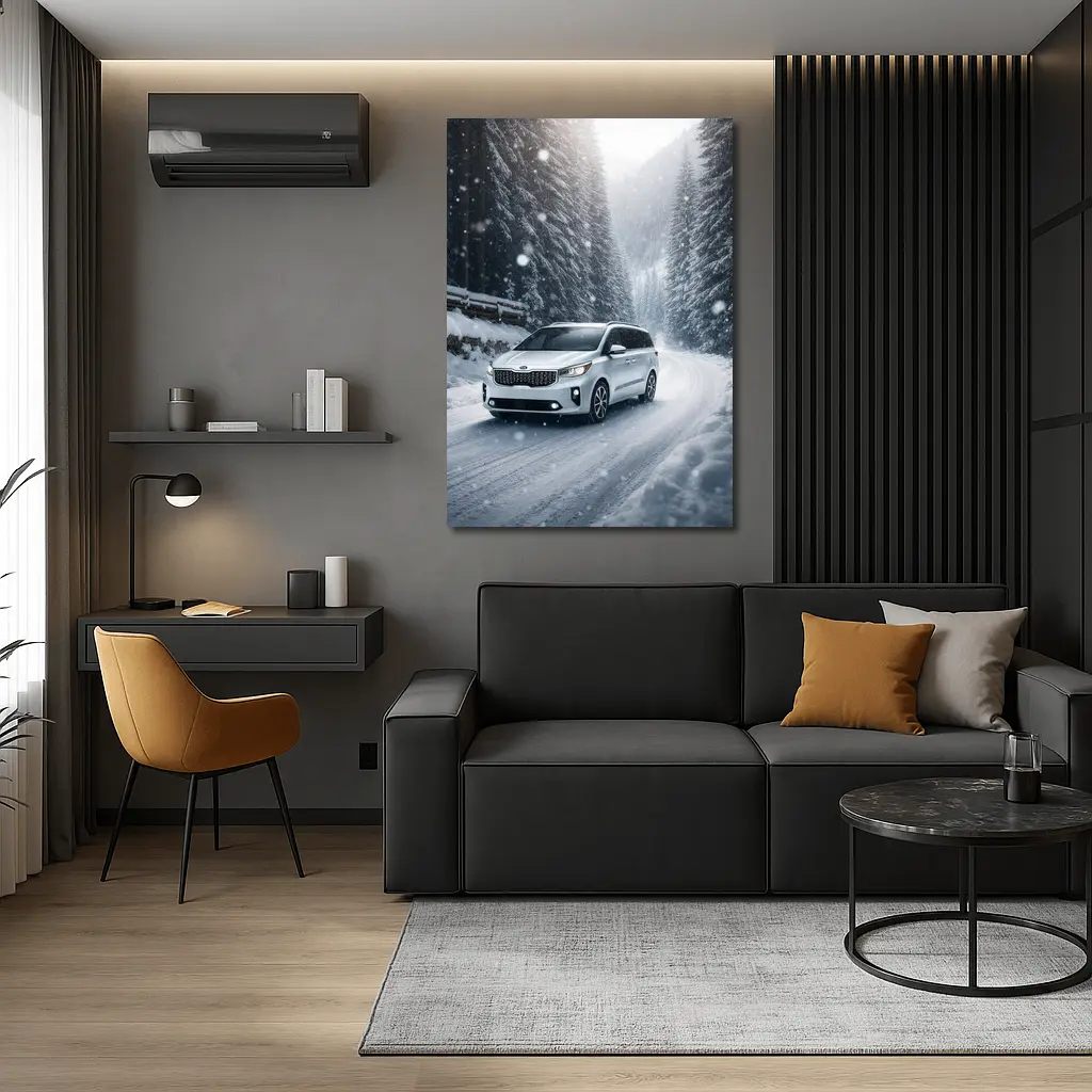 Kia Carnival Driving Snowy Forest Road – Wall Art