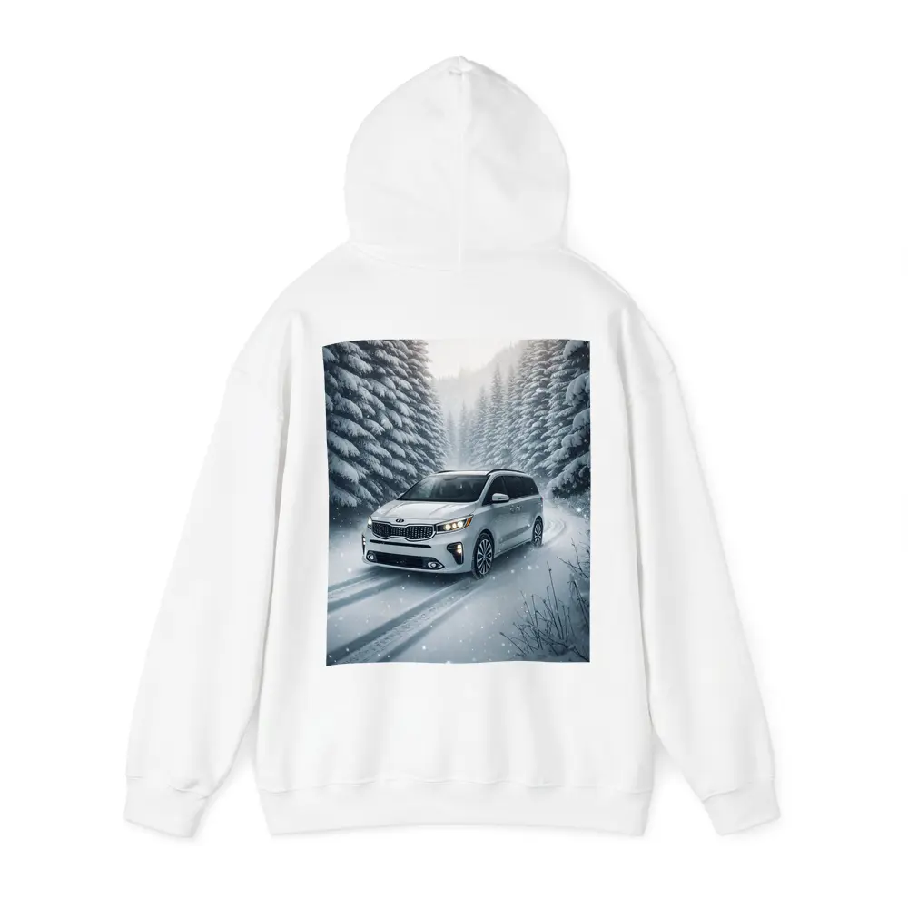 Kia Carnival Minivan Driving Snowy Forest Road – Hoodies