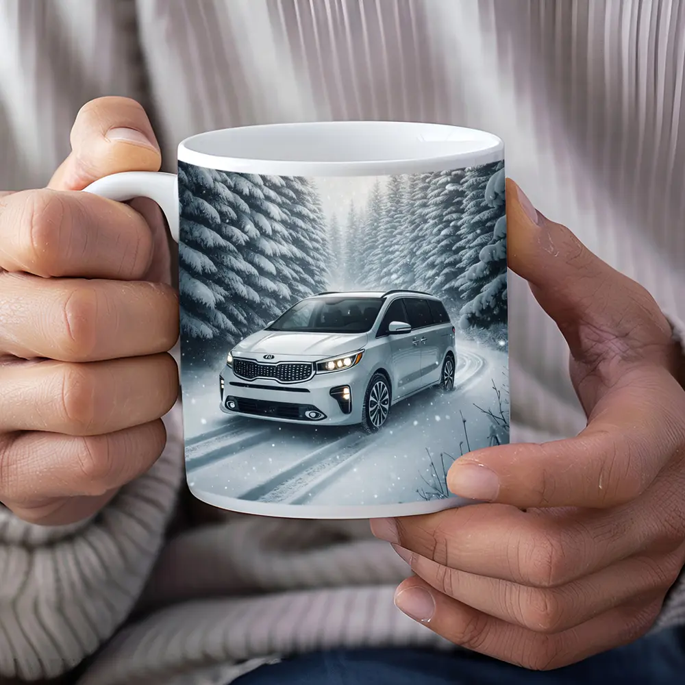 Kia Carnival Minivan Driving Snowy Forest Road – Mugs
