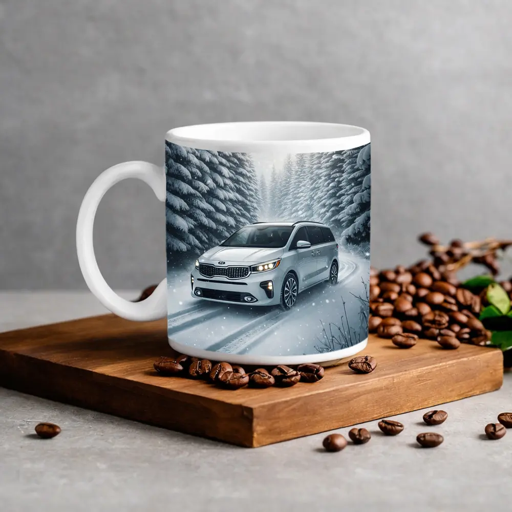 Kia Carnival Minivan Driving Snowy Forest Road – Mugs