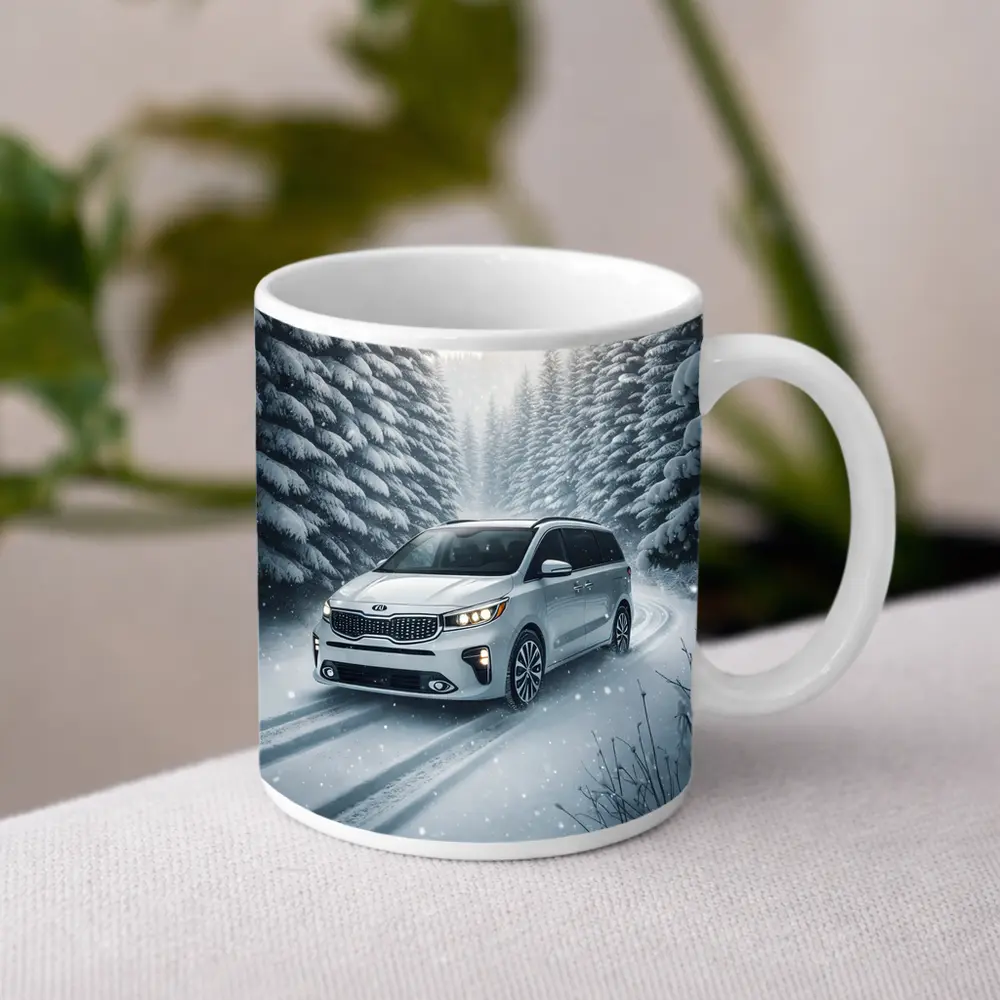 Kia Carnival Minivan Driving Snowy Forest Road – Mugs