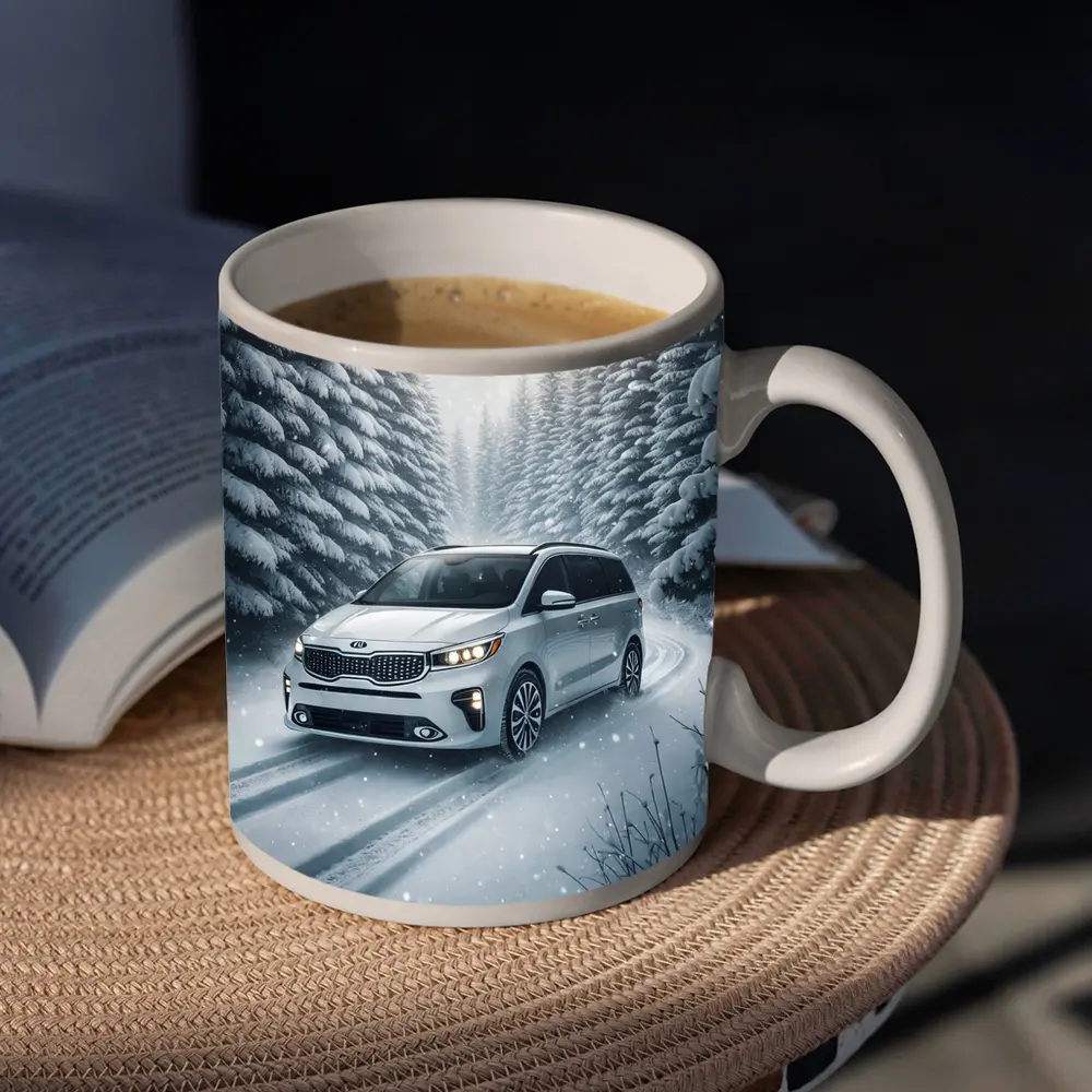 Kia Carnival Minivan Driving Snowy Forest Road – Mugs