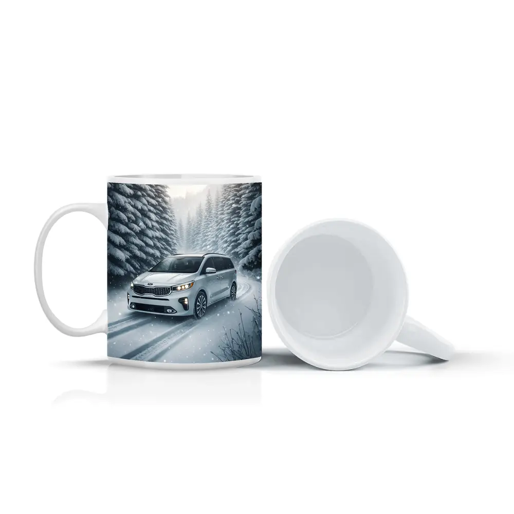 Kia Carnival Minivan Driving Snowy Forest Road – Mugs