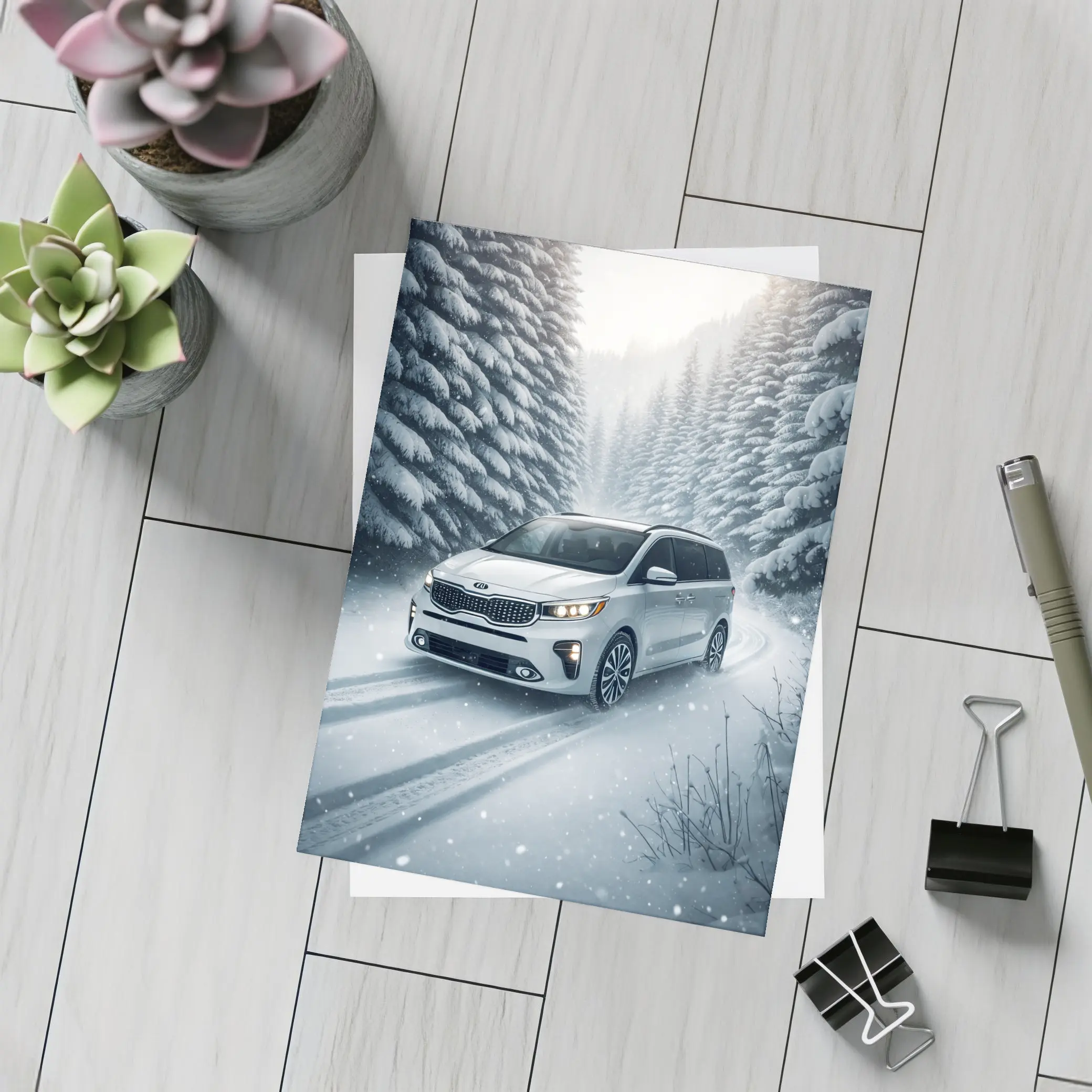 Kia Carnival Minivan Driving Snowy Forest Road – Postcards