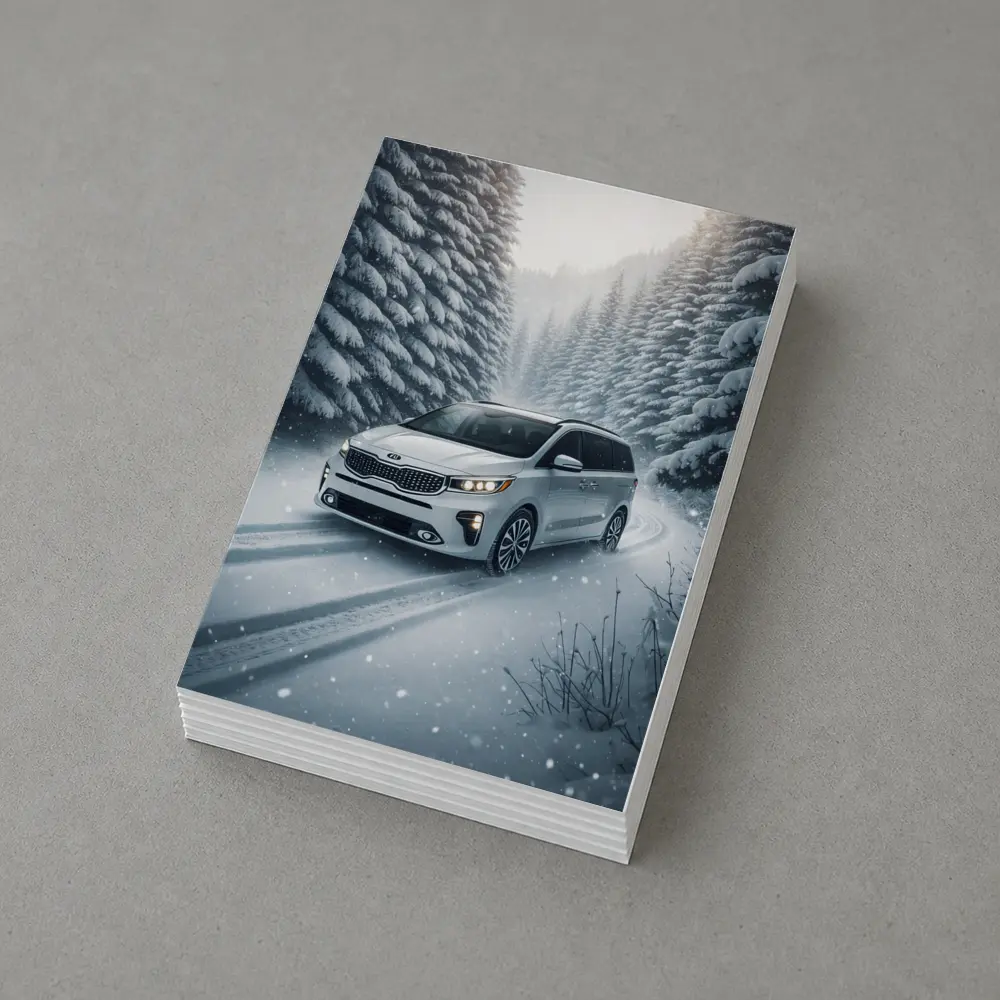 Kia Carnival Minivan Driving Snowy Forest Road – Postcards