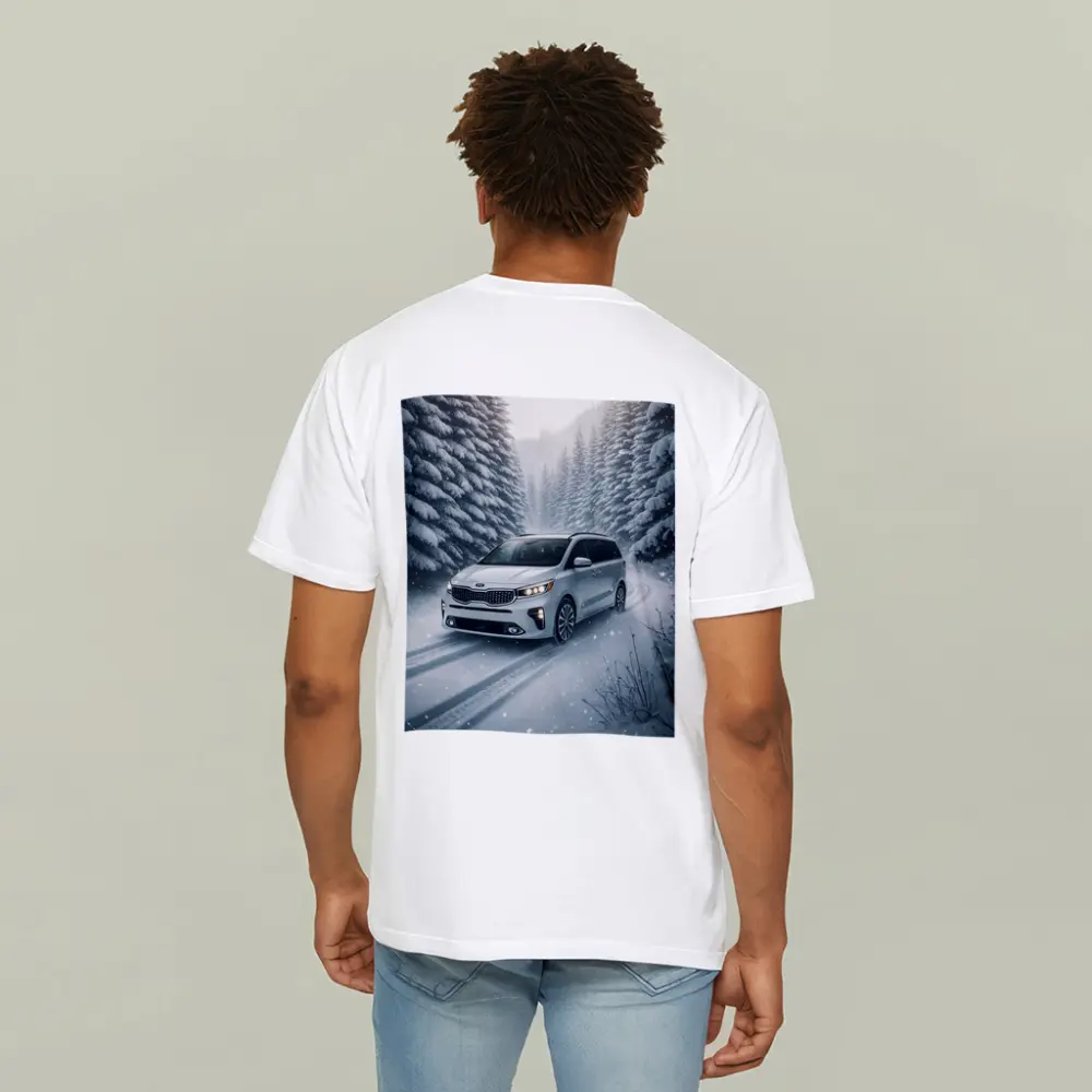 Kia Carnival Minivan Driving Snowy Forest Road – T-Shirts