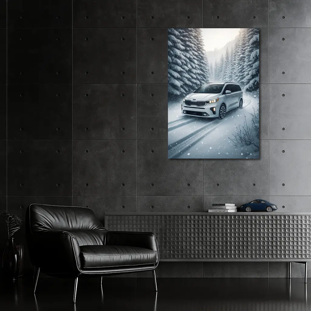 Kia Carnival Minivan Driving Snowy Forest Road – Wall Art