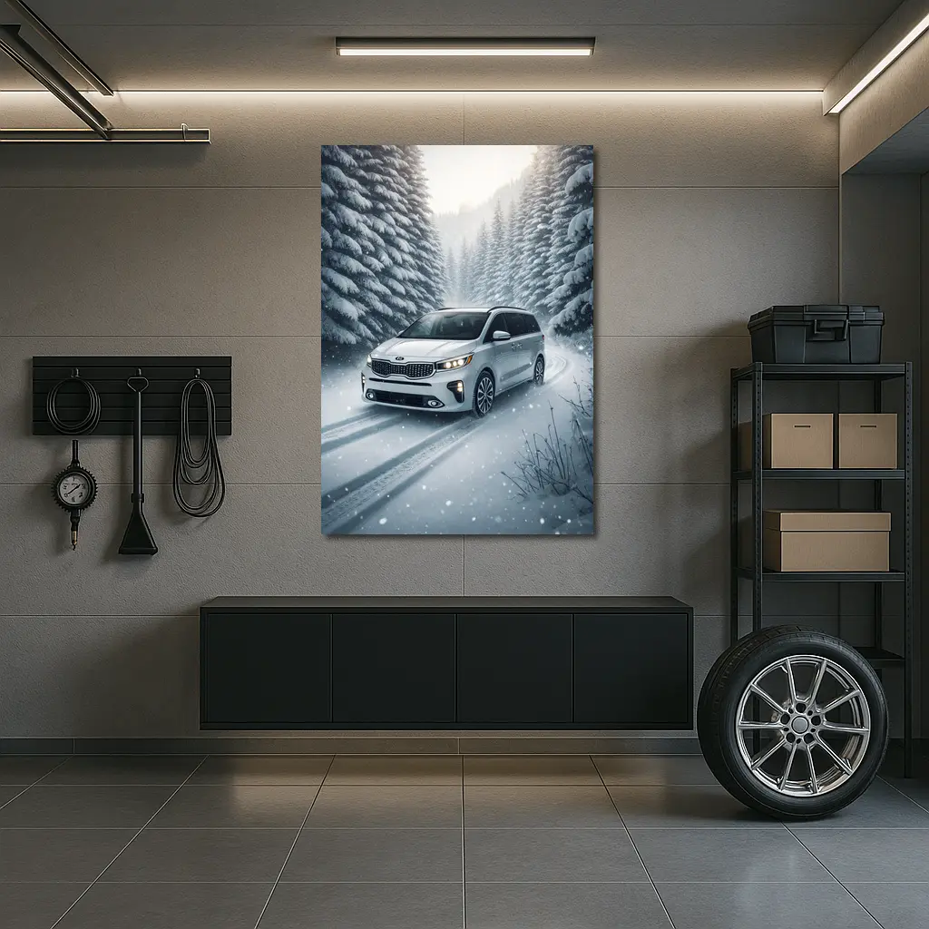 Kia Carnival Minivan Driving Snowy Forest Road – Wall Art
