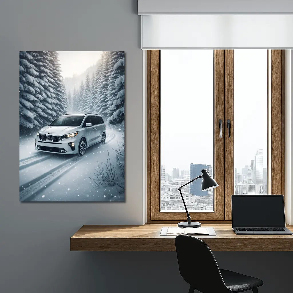 Kia Carnival Minivan Driving Snowy Forest Road – Wall Art