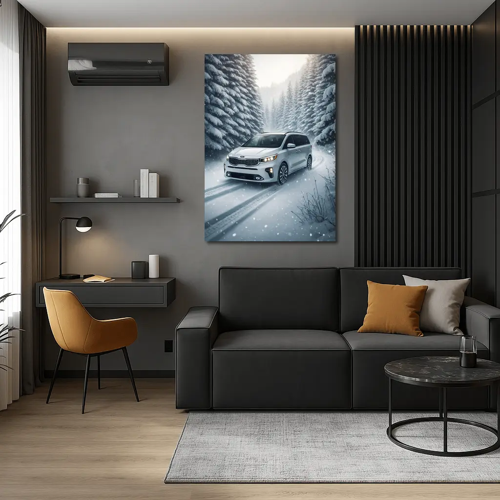 Kia Carnival Minivan Driving Snowy Forest Road – Wall Art