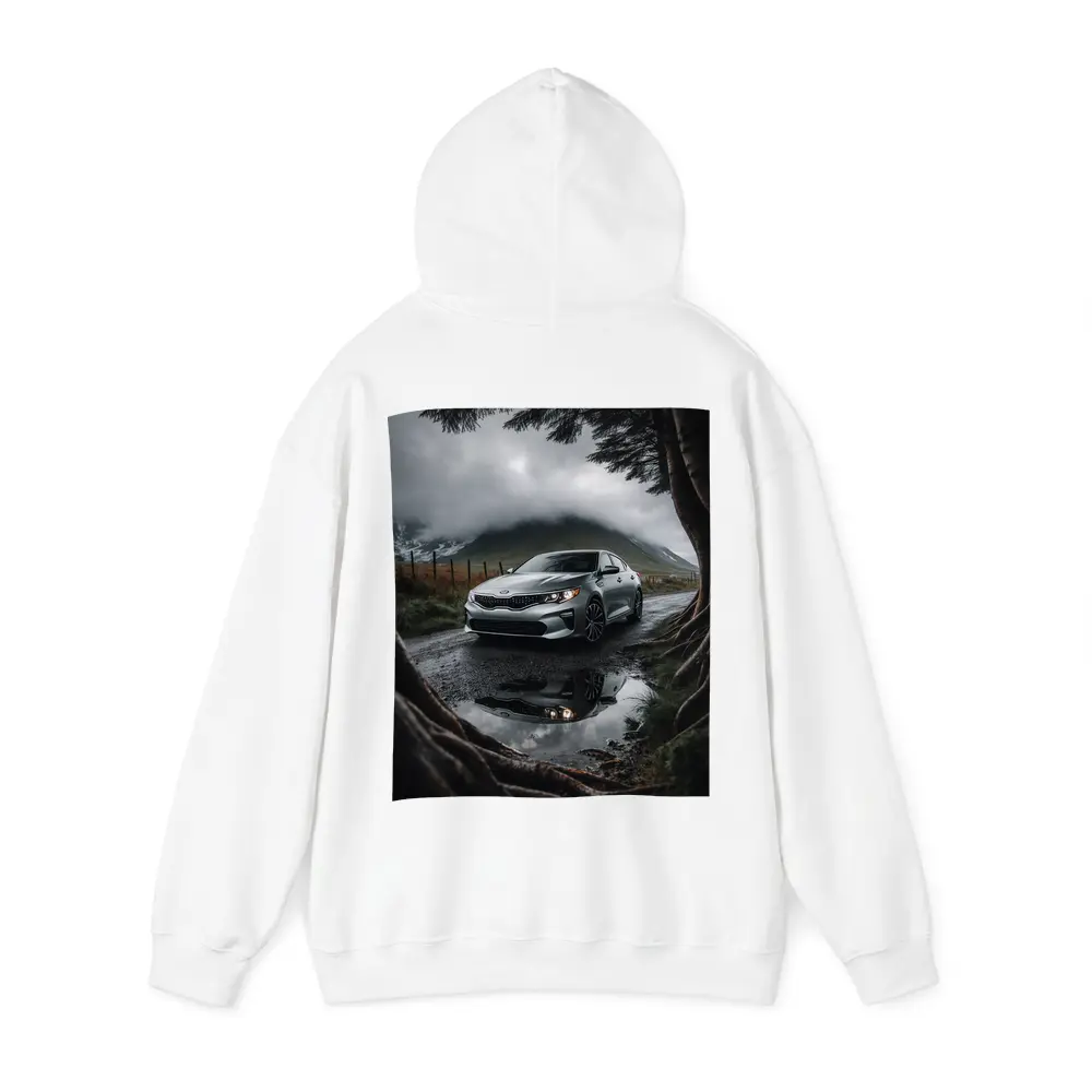 Kia Optima Parked on Rainy Mountain Road – Hoodies