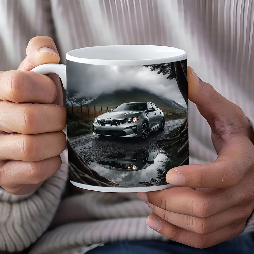 Kia Optima Parked on Rainy Mountain Road – Mugs