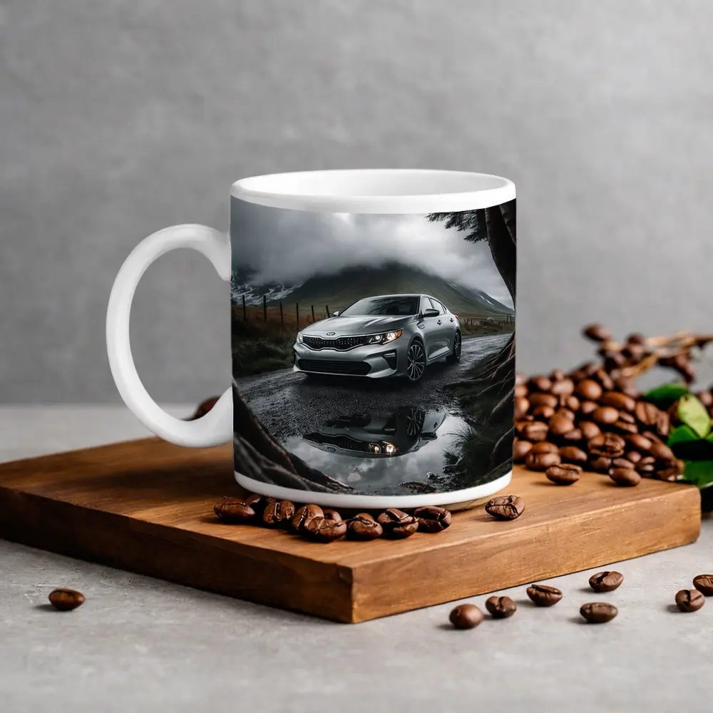 Kia Optima Parked on Rainy Mountain Road – Mugs