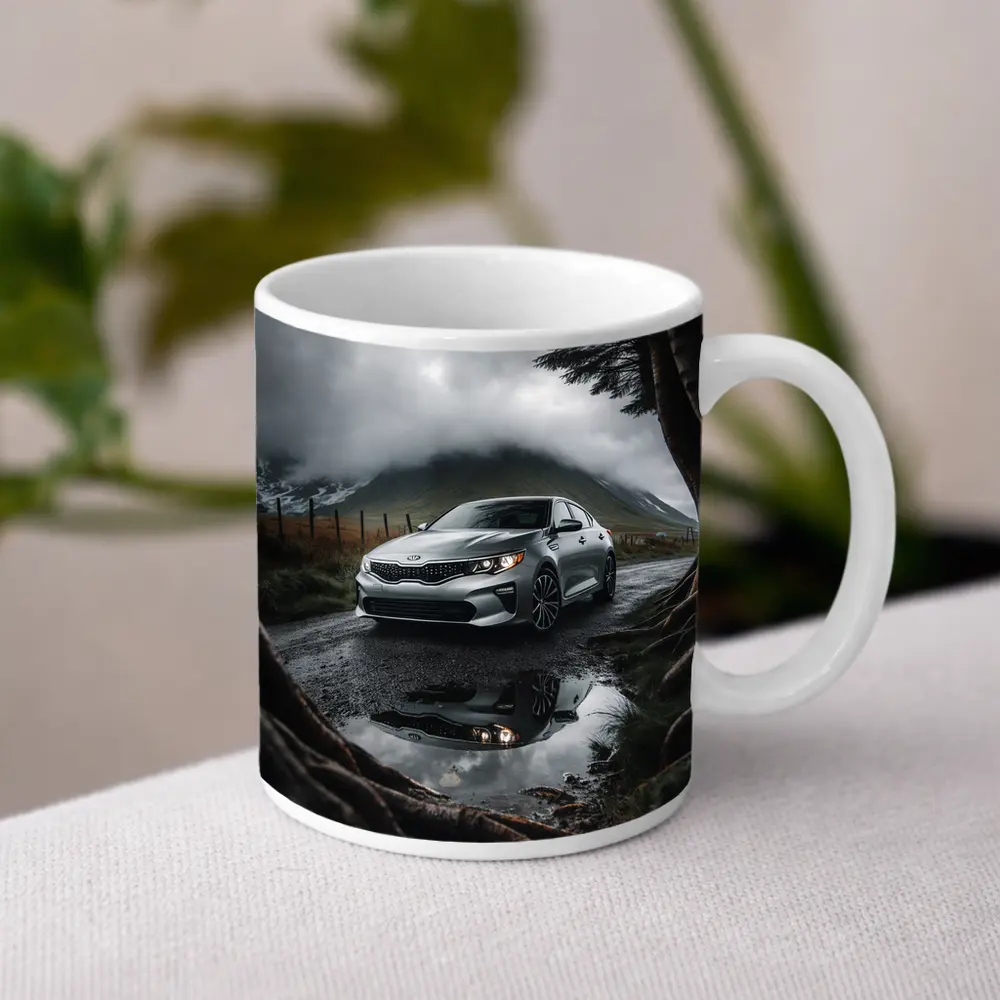 Kia Optima Parked on Rainy Mountain Road – Mugs