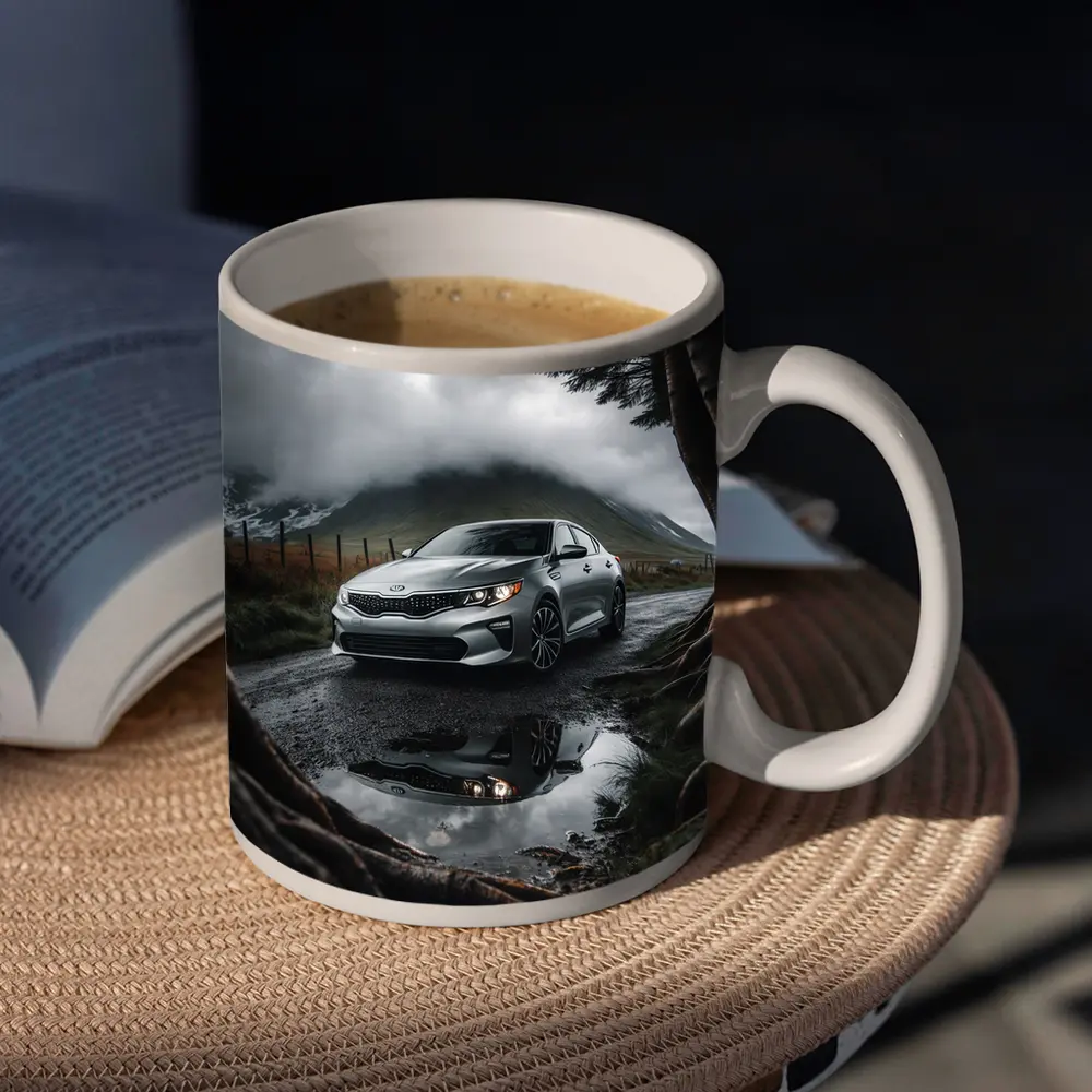 Kia Optima Parked on Rainy Mountain Road – Mugs