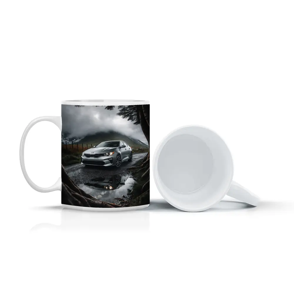 Kia Optima Parked on Rainy Mountain Road – Mugs