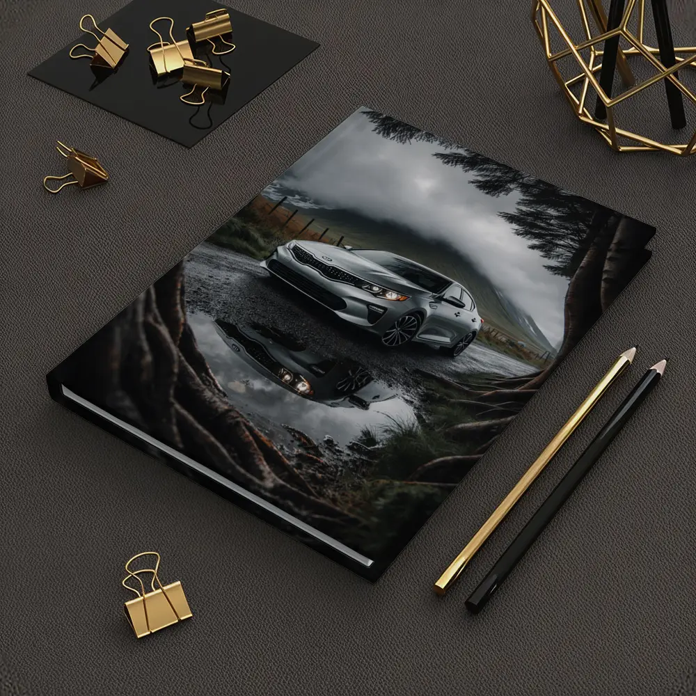 Kia Optima Parked on Rainy Mountain Road – Notebooks