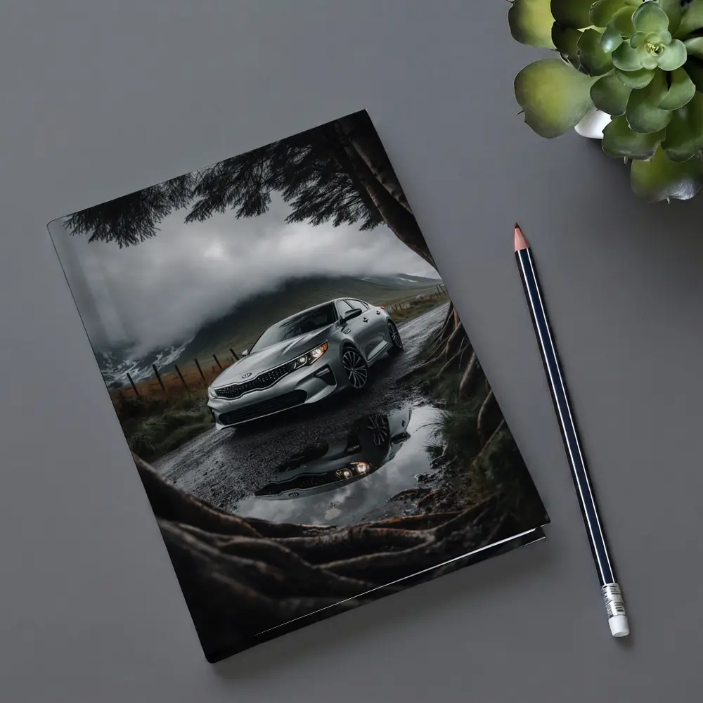Kia Optima Parked on Rainy Mountain Road – Notebooks