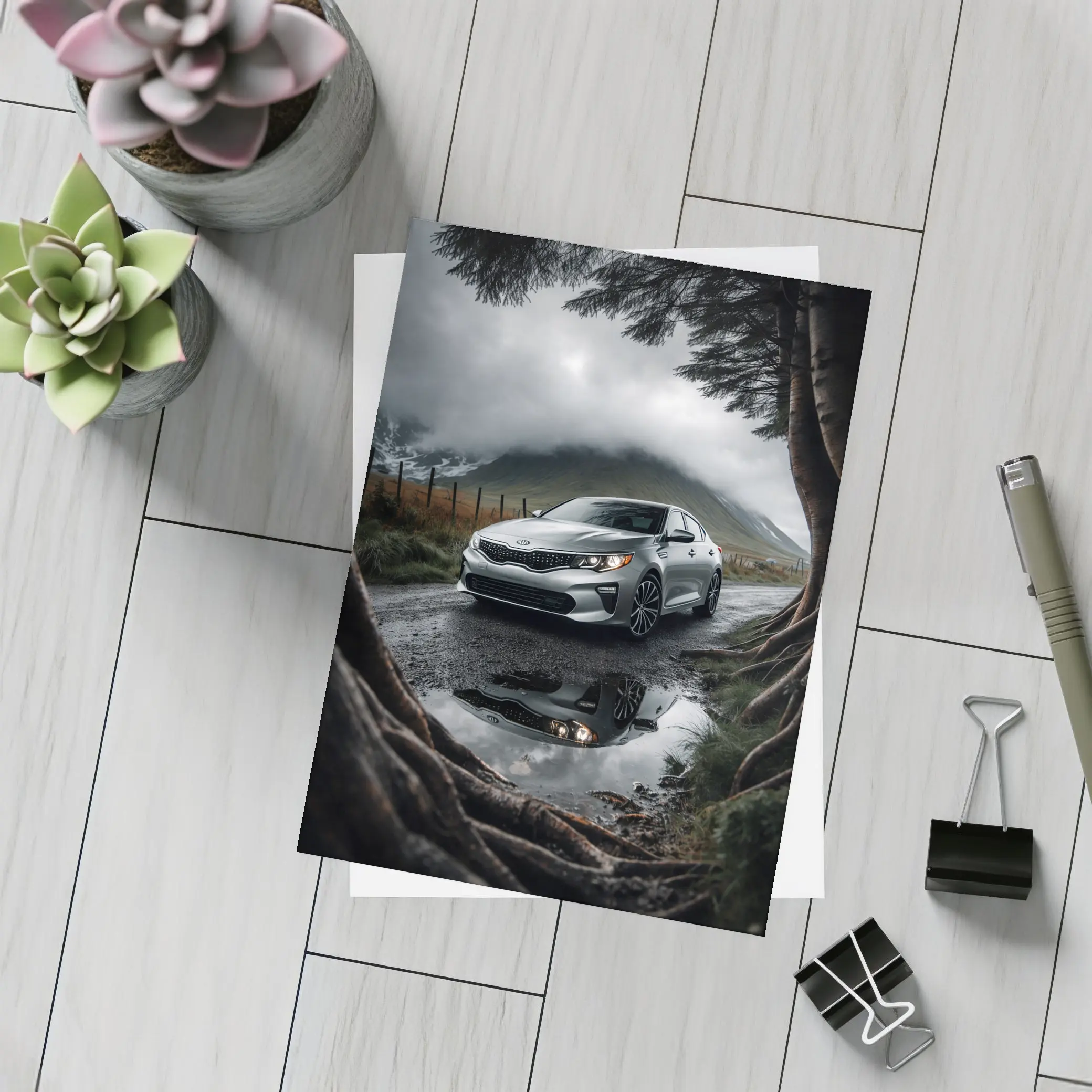 Kia Optima Parked on Rainy Mountain Road – Postcards