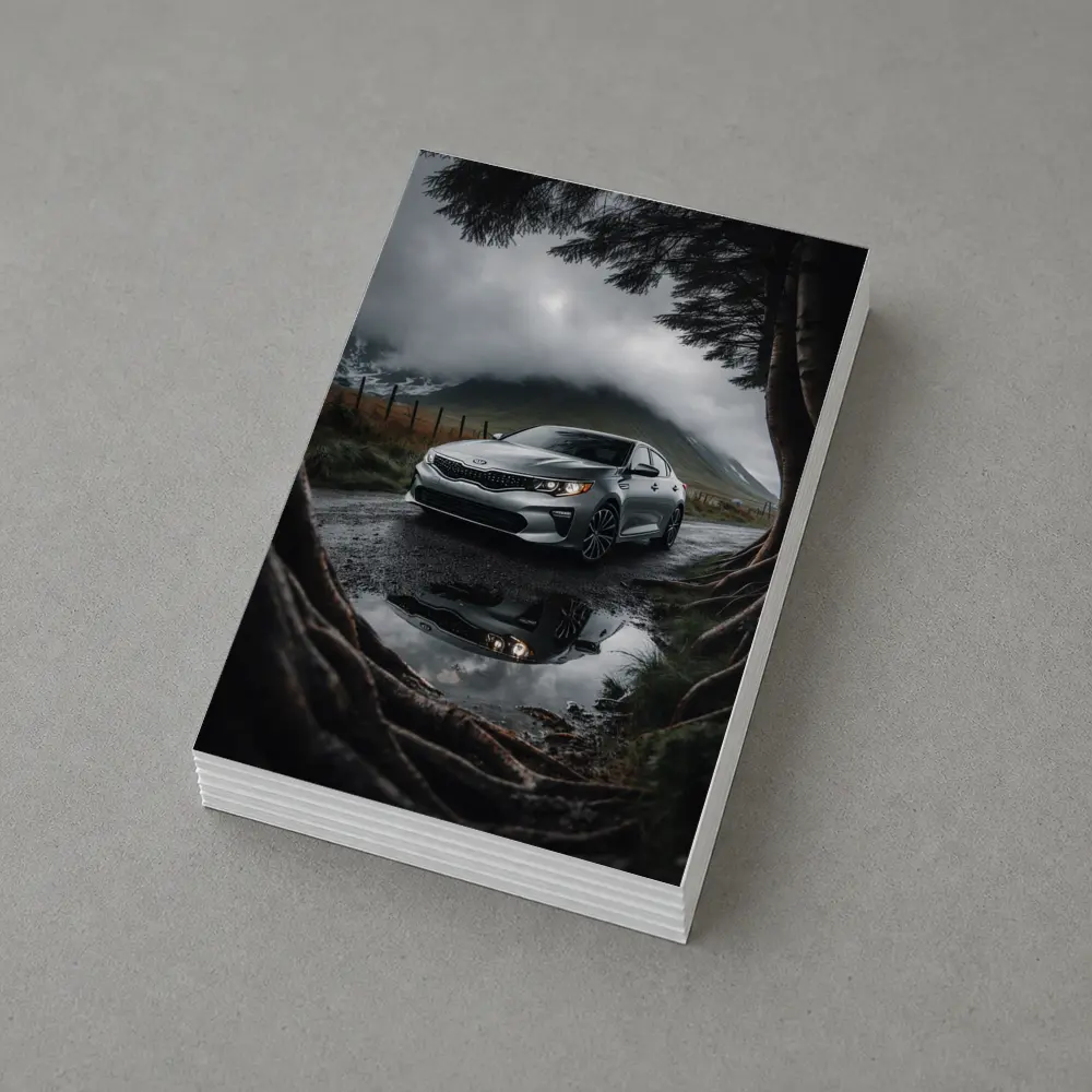 Kia Optima Parked on Rainy Mountain Road – Postcards