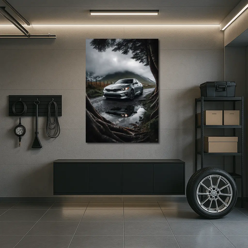 Kia Optima Parked on Rainy Mountain Road – Wall Art