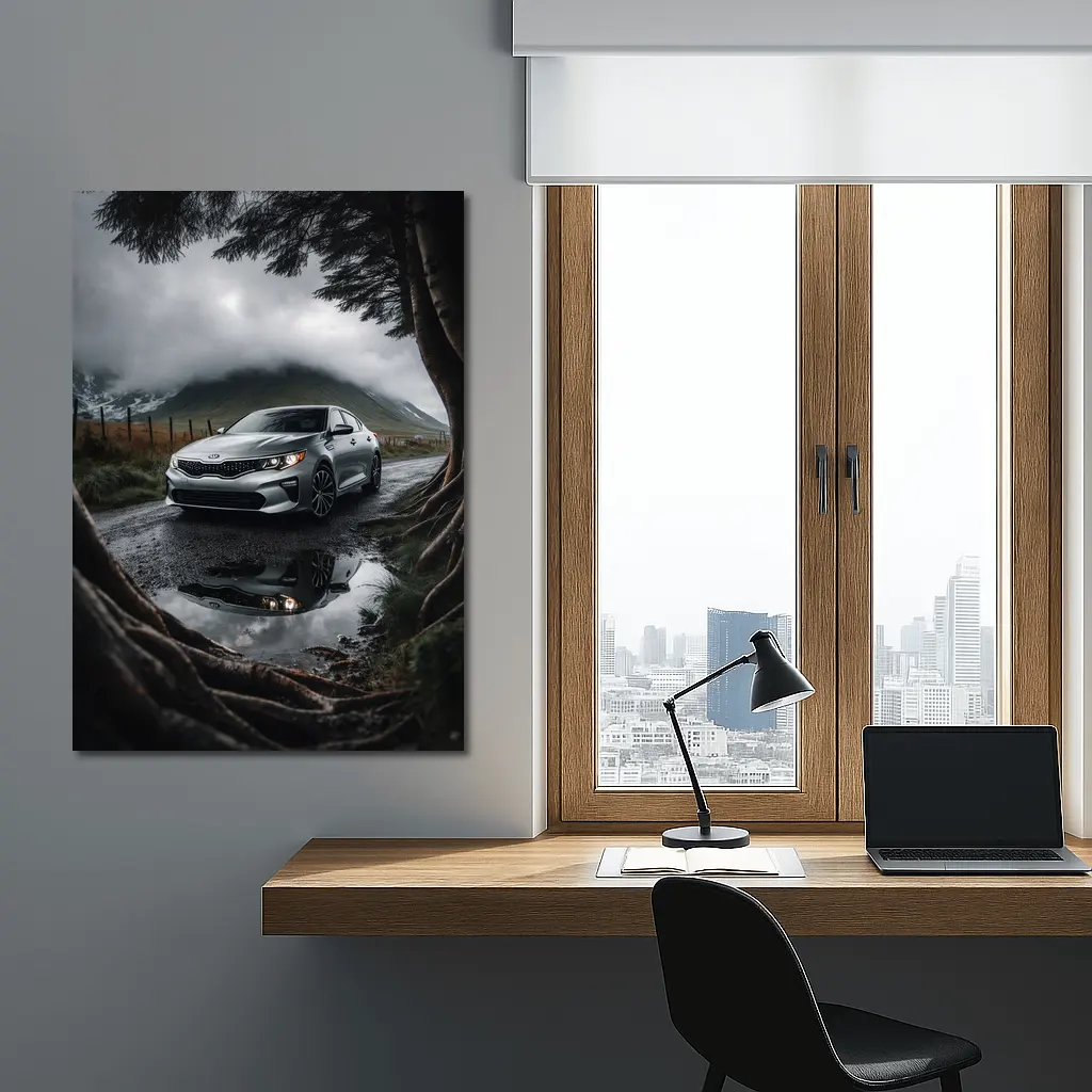 Kia Optima Parked on Rainy Mountain Road – Wall Art